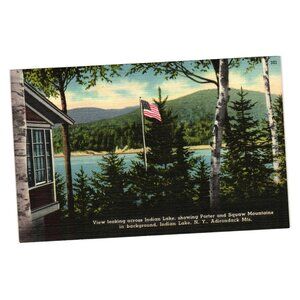 Vintage Postcard Indian Lake Porter Squaw Mountains Adirondack NY Flag Linen
